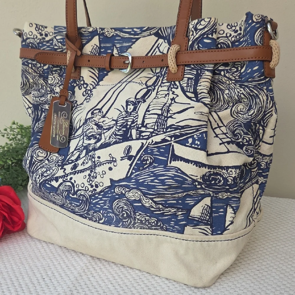 Lauren Ralph Lauren Nautical Sailors Canvas Leather Crossbody Satchel Purse Bag - Picture 3 of 14